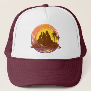 Badge met tropische vulkaan landschap en palmbomen trucker pet