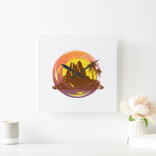 Badge met tropische vulkaan landschap en palmbomen vierkante klok (Huis)