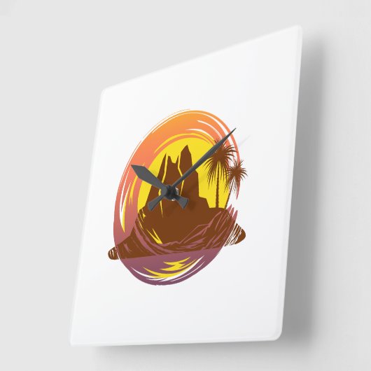 Badge met tropische vulkaan landschap en palmbomen vierkante klok (Hoek)