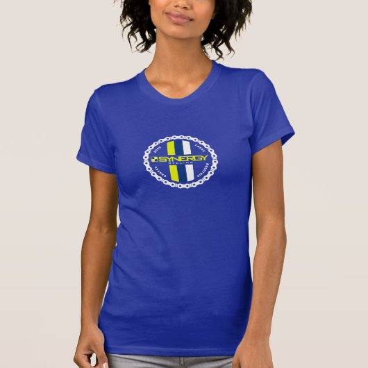 Badge op blauwe vrouwen t-shirt (Voorkant)