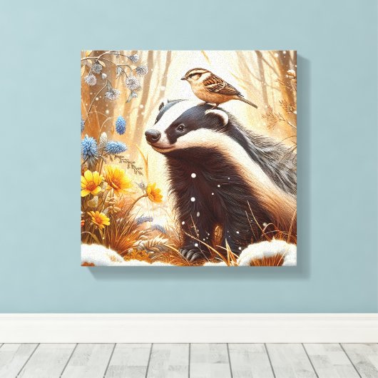 Badger and Sparrow Natuur Wildlife Rustic Canvas Afdruk (Insitu (Houten vloer))