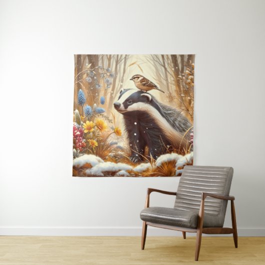 Badger and Sparrow Natuur Wildlife Rustic Wandkleed (In situ)