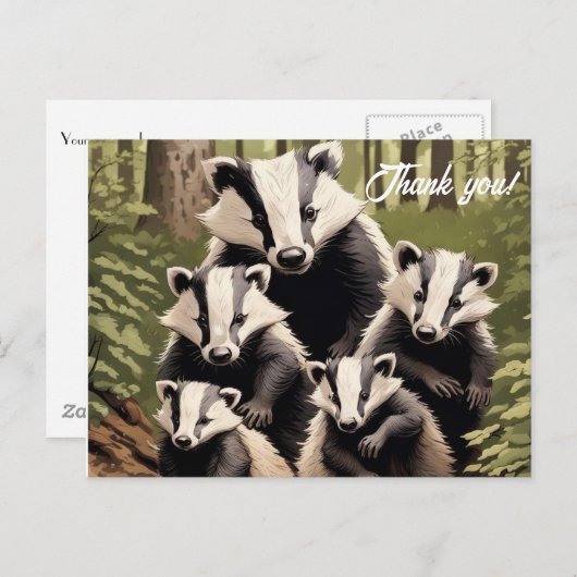Badger familie in bosrijke omgeving Dank U Briefkaart (Voorkant / Achterkant)