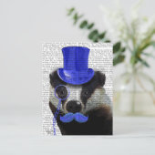 Badger met Blue Top Hat en Mustache Briefkaart (Staand voorkant)