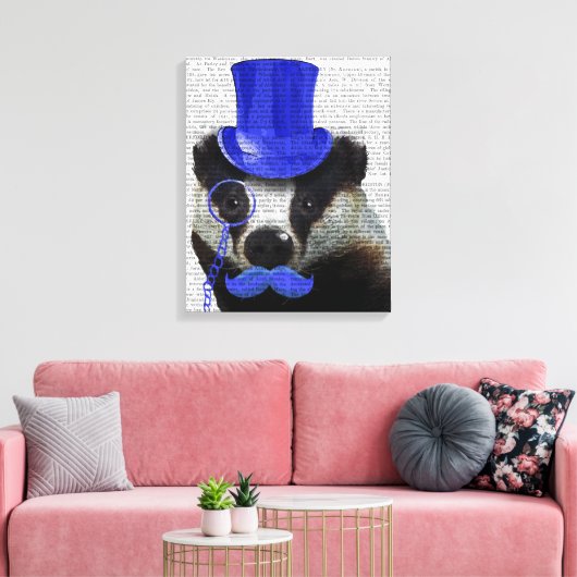 Badger met Blue Top Hat en Mustache Canvas Afdruk (Insitu (Woonkamer))