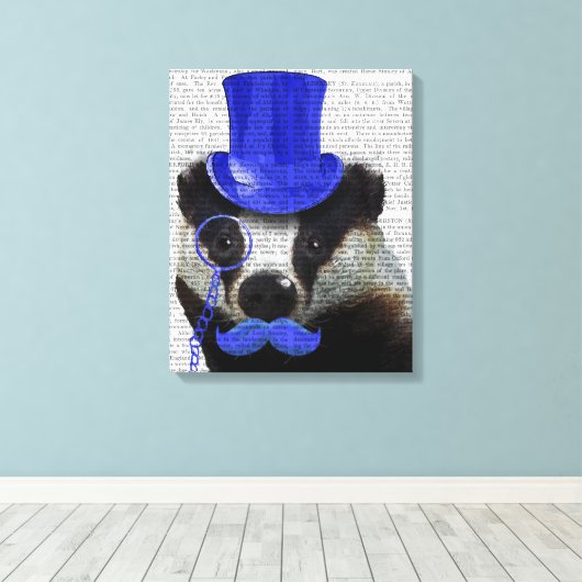 Badger met Blue Top Hat en Mustache Canvas Afdruk (Insitu (Houten vloer))