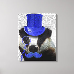 Badger met Blue Top Hat en Mustache Canvas Afdruk