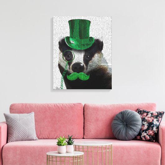 Badger met Green Top Hat en Mustache Canvas Afdruk (Insitu (Woonkamer))