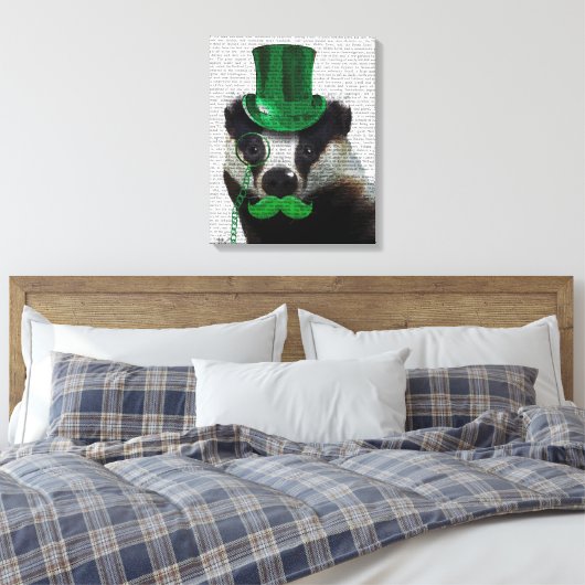 Badger met Green Top Hat en Mustache Canvas Afdruk (Insitu (Slaapkamer))