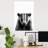Badger Woodland Modern Portret zwart wit Poster (Thuiskantoor)