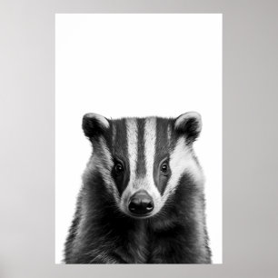 Badger Woodland Modern Portret zwart wit Poster
