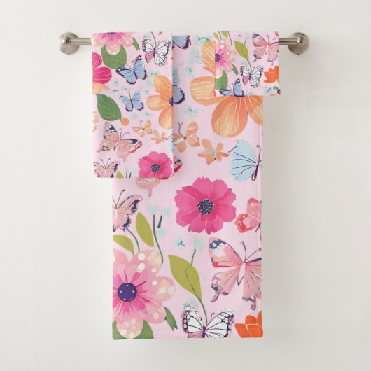 Badhanddoeken Vlinders en Bloemen, Roze Bad Handdoek (Insitu)