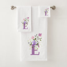 Badhanddoekenset met initiële letter E en bloemmot