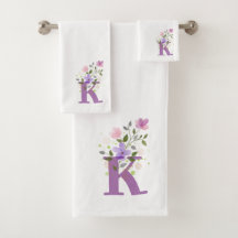 Badhanddoekenset met initiële letter K en bloemmot