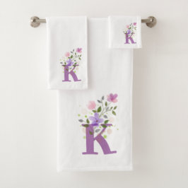 Badhanddoekenset met initiële letter K en bloemmot Bad Handdoek