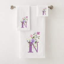 Badhanddoekenset met initiële letter N en bloemmot