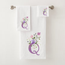 Badhanddoekenset met initiële letter Q en bloemmot
