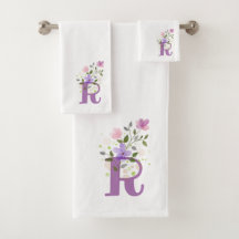Badhanddoekenset met initiële letter R en bloemmot