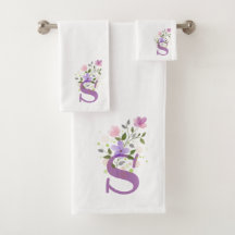 Badhanddoekenset met initiële letter S en bloemmot