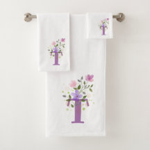 Badhanddoekenset met initiële letter T en bloemmot