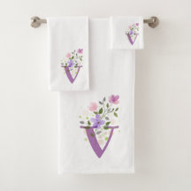 Badhanddoekenset met initiële letter V en bloemmot