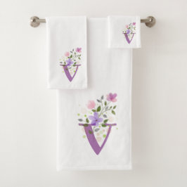 Badhanddoekenset met initiële letter V en bloemmot Bad Handdoek