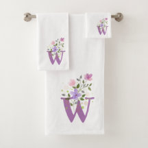 Badhanddoekenset met initiële letter W en bloemmot