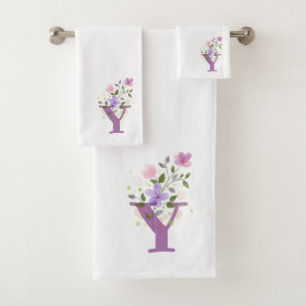 Badhanddoekenset met initiële letter Y en bloemmot Bad Handdoek