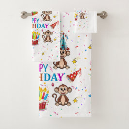 Badhandelsdoeken sets, Happy Birthday Monkey Cupca Bad Handdoek