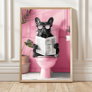 Badkamer Blauwe Franse Bulldog op Toilet Print, Gr Poster