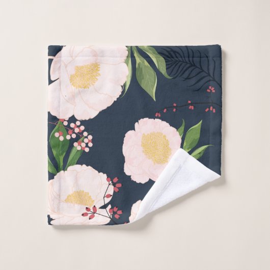 Badkamer handdoek set Baby Roze Kosmos op Navy (Wasdoekje)