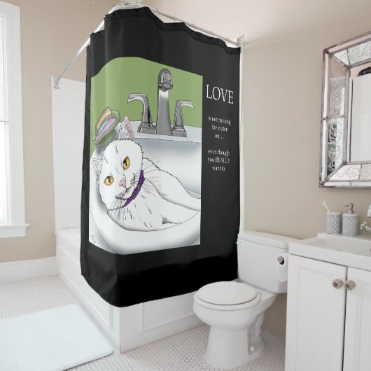 Badkamer wastafel witte kat douchegordijn (In situ)