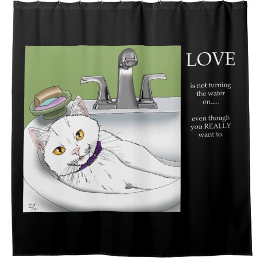 Badkamer wastafel witte kat douchegordijn (Voorkant)