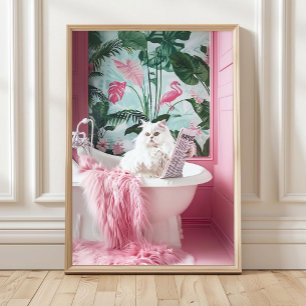 Badkamer Witte Kat in Badkuip Print, Grappige Post Poster