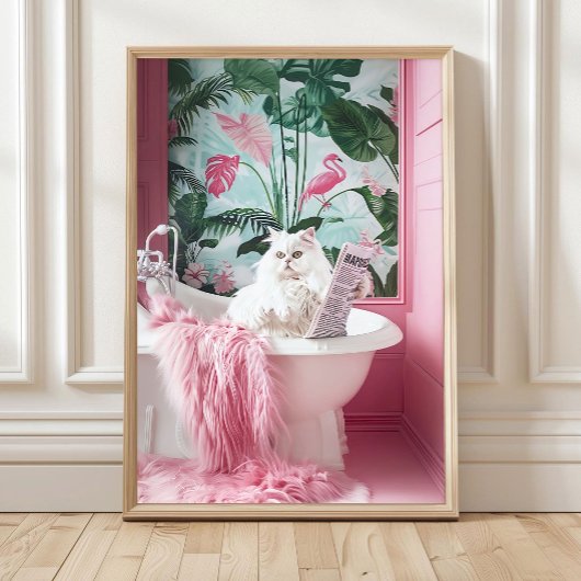 Badkamer Witte Kat in Badkuip Print, Grappige Post Poster