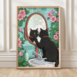 Badkamer Zwarte Kat in Spiegel Print, Grappige Jap Poster