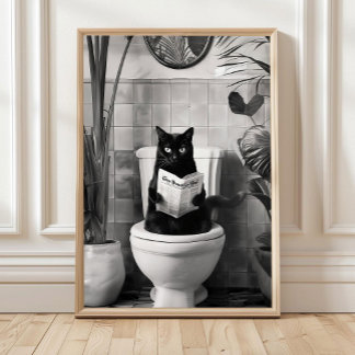 Badkamerkattenprint lezend op toilet zwart en wit poster