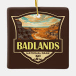 Badlands Nationaal Park Illustratie Retro Keramisch Ornament<br><div class="desc">Badlands vectorkunstwerk ontwerp. De dramatische landschappen van het park bestrijken gelaagde rotsformaties,  steile kanonnen en torenhoge spinnen. Bison,  bighorn-schaap en prairiehonden bewonen hun besproeiende graslanden.</div>