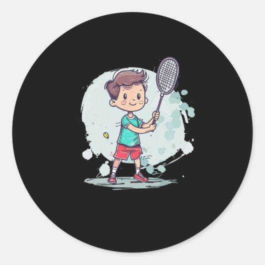Badminton Boy Comic Shuttle-speler Ronde Sticker (Voorkant)