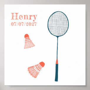  Badminton CUSTOM BABY NAAM BIRTHDATE Art Poster