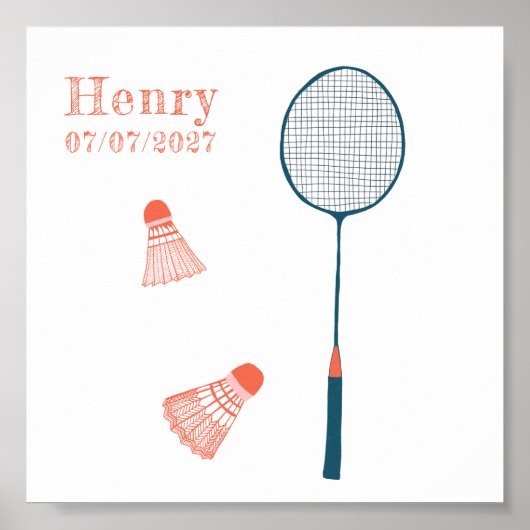  Badminton CUSTOM BABY NAAM BIRTHDATE Art Poster (Voorkant)