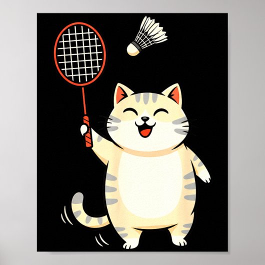 Badminton Kat Cartoon Kunst, Grappige Kat Ontwerp Poster (Voorkant)