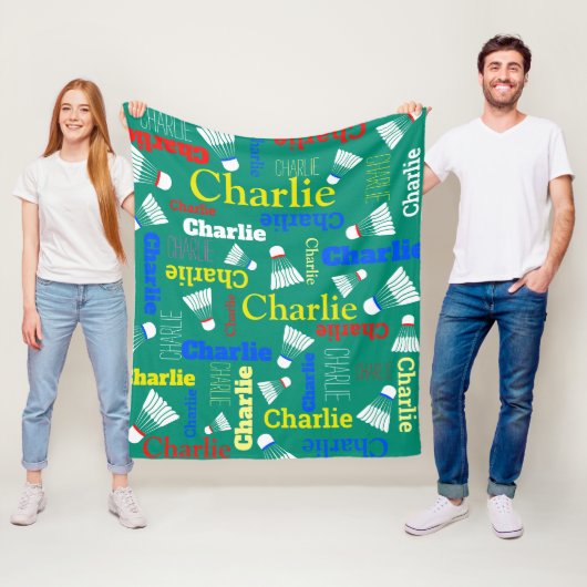 Badminton witte, blauwe, rode en groene naam fleece deken (In situ)