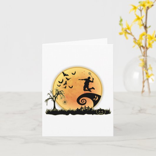 Badmintonspeler en Moon Silhouette Halloween Cos Kaart (Gele Bloem)