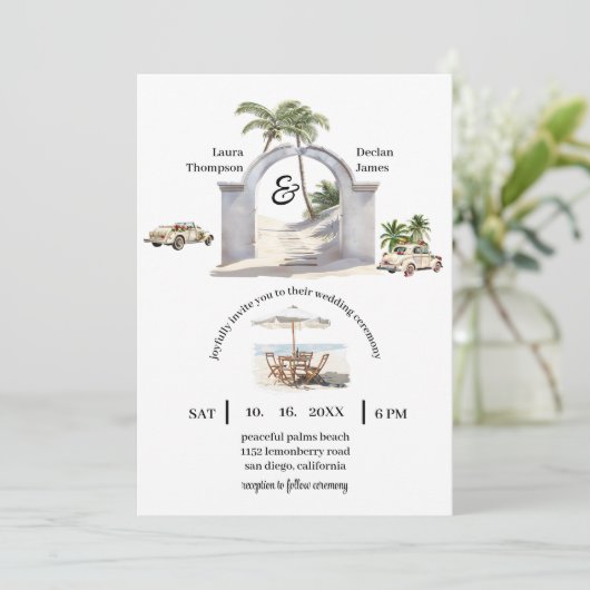  badpalmboom boho strand bruiloft kaart (Staand voorkant)