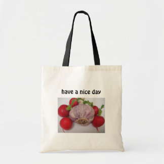 Bag knoflook met tekst: "Heb een leuke dag* Tote Bag
