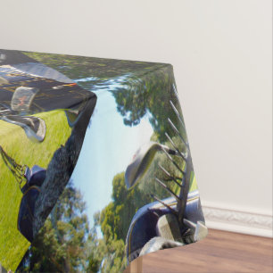 Bag vol met golfclubs, tafelkleed