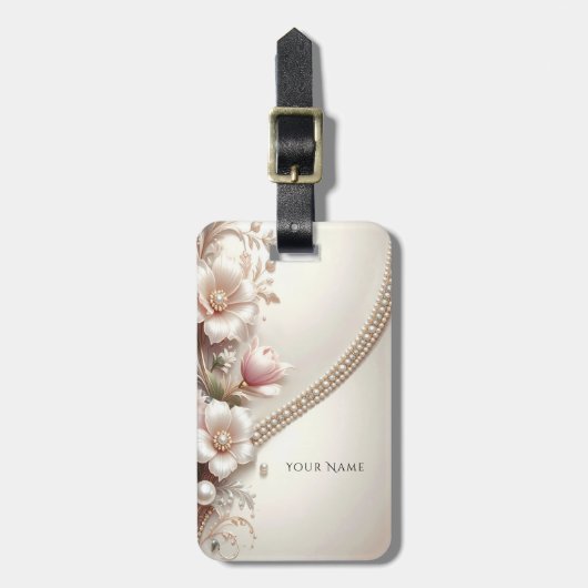 Bagage label met bloem- en parelversiering (Voorkant verticaal)
