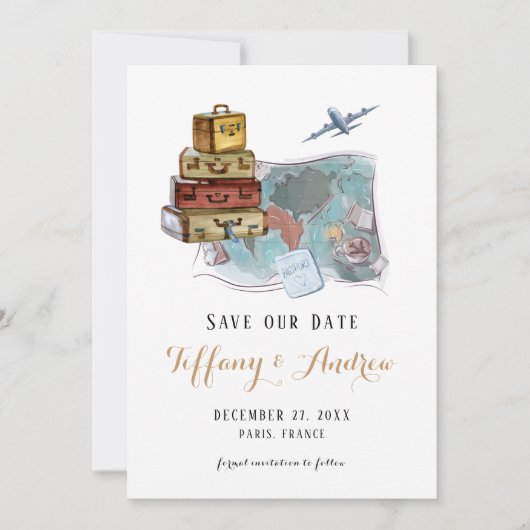 Bagage Map Destination Wedding Save the Date (Voorkant)