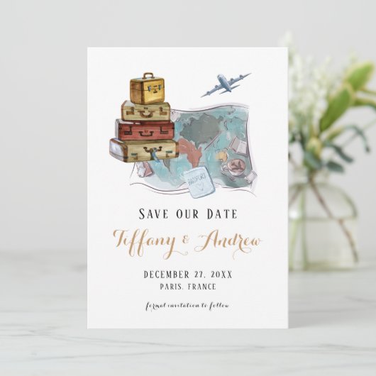 Bagage Map Destination Wedding Save the Date (Staand voorkant)